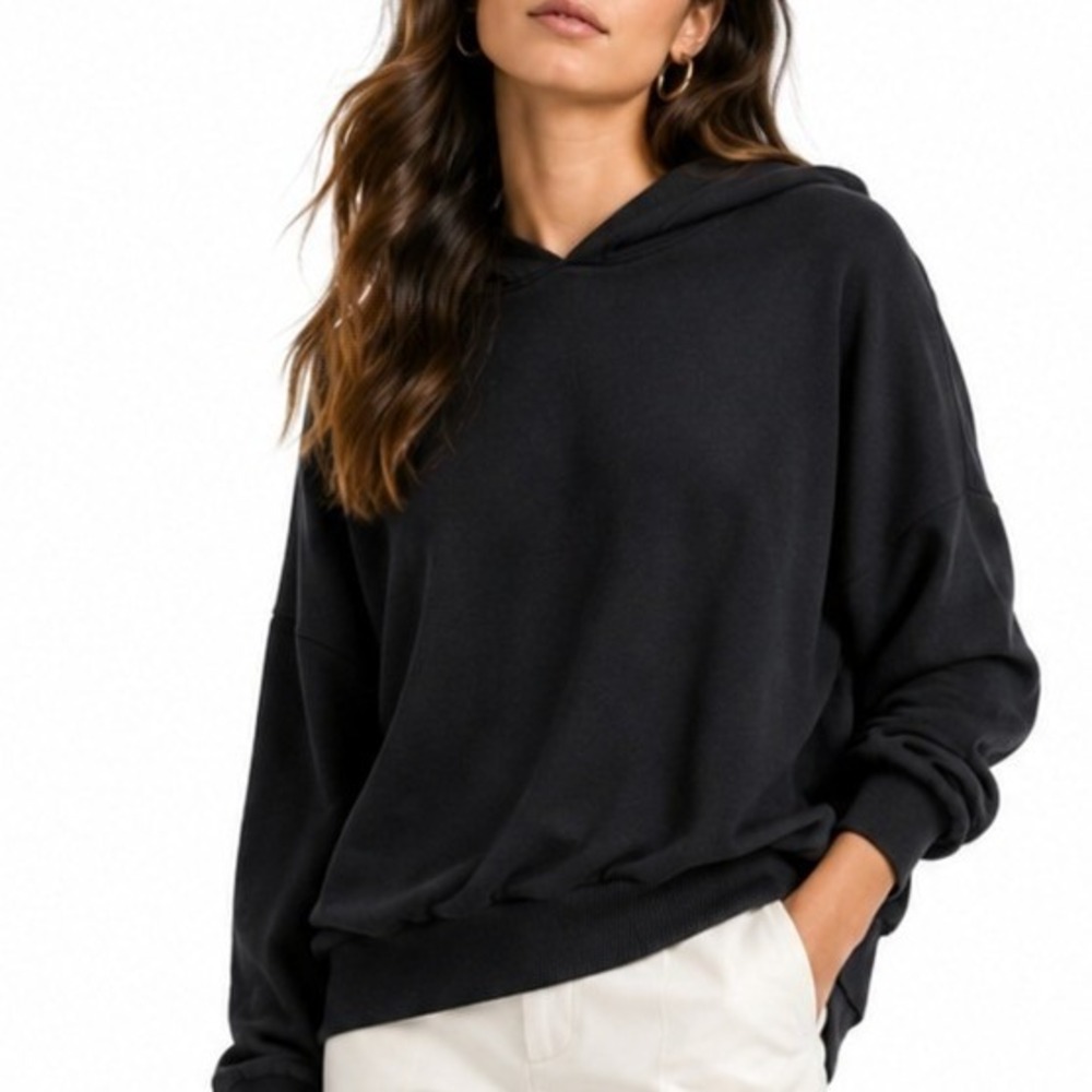 Gap  Women's Large Black Oversized Fleece Hoodie Pullover Dropped Shoulder Solid
